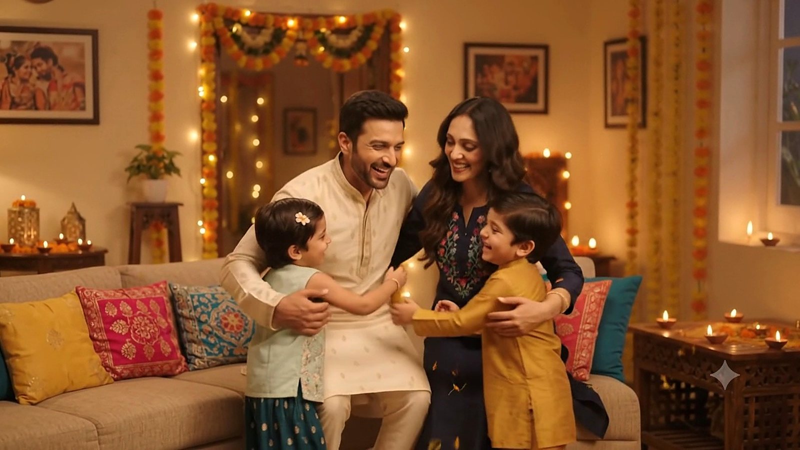 A family celebrating Diwali at home with diyas and marigolds