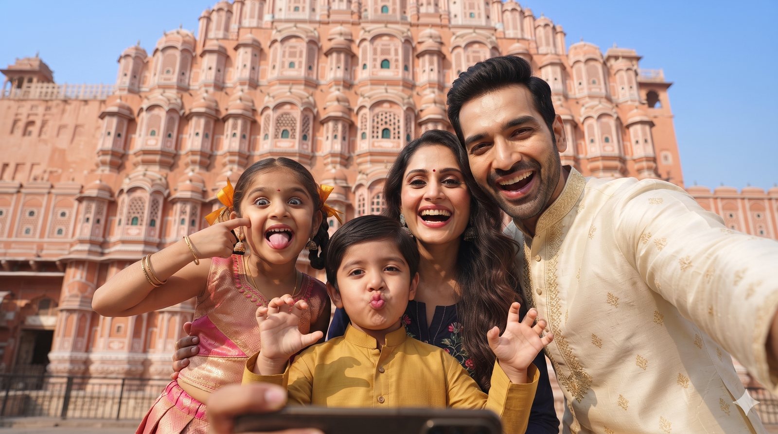 A family selfie in front of Hawa Mahal, Jaipur